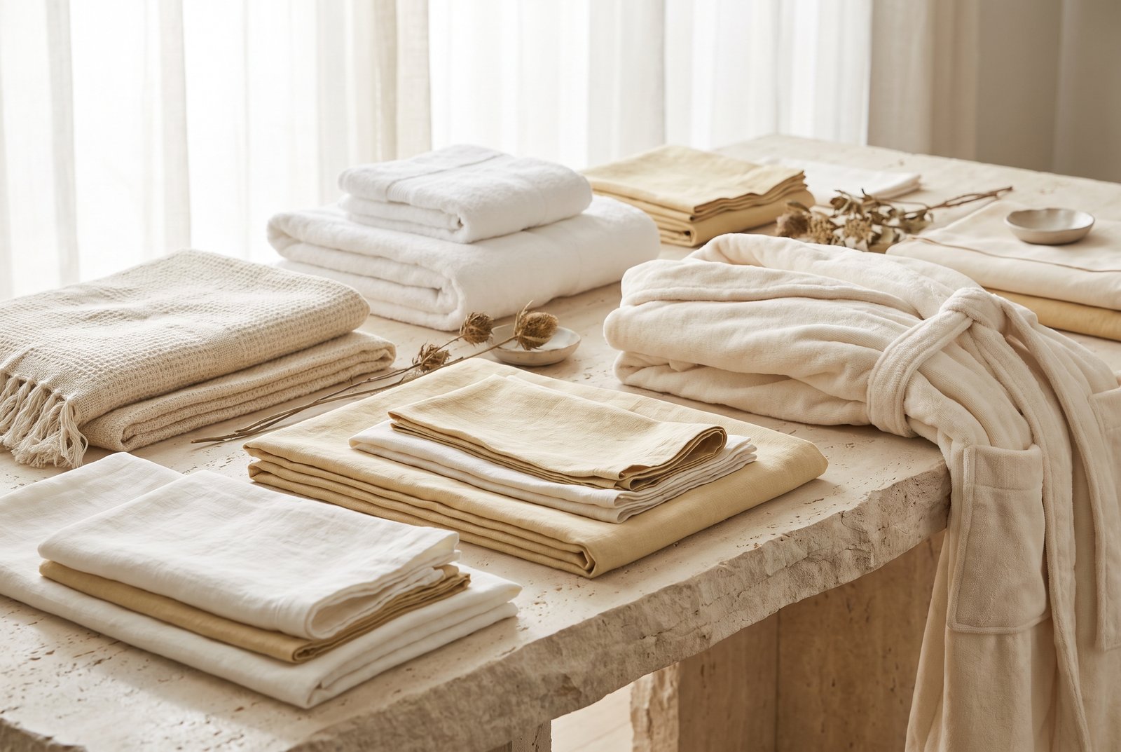 Curated luxury hospitality textiles, folded towels and linen arranged on a stone table