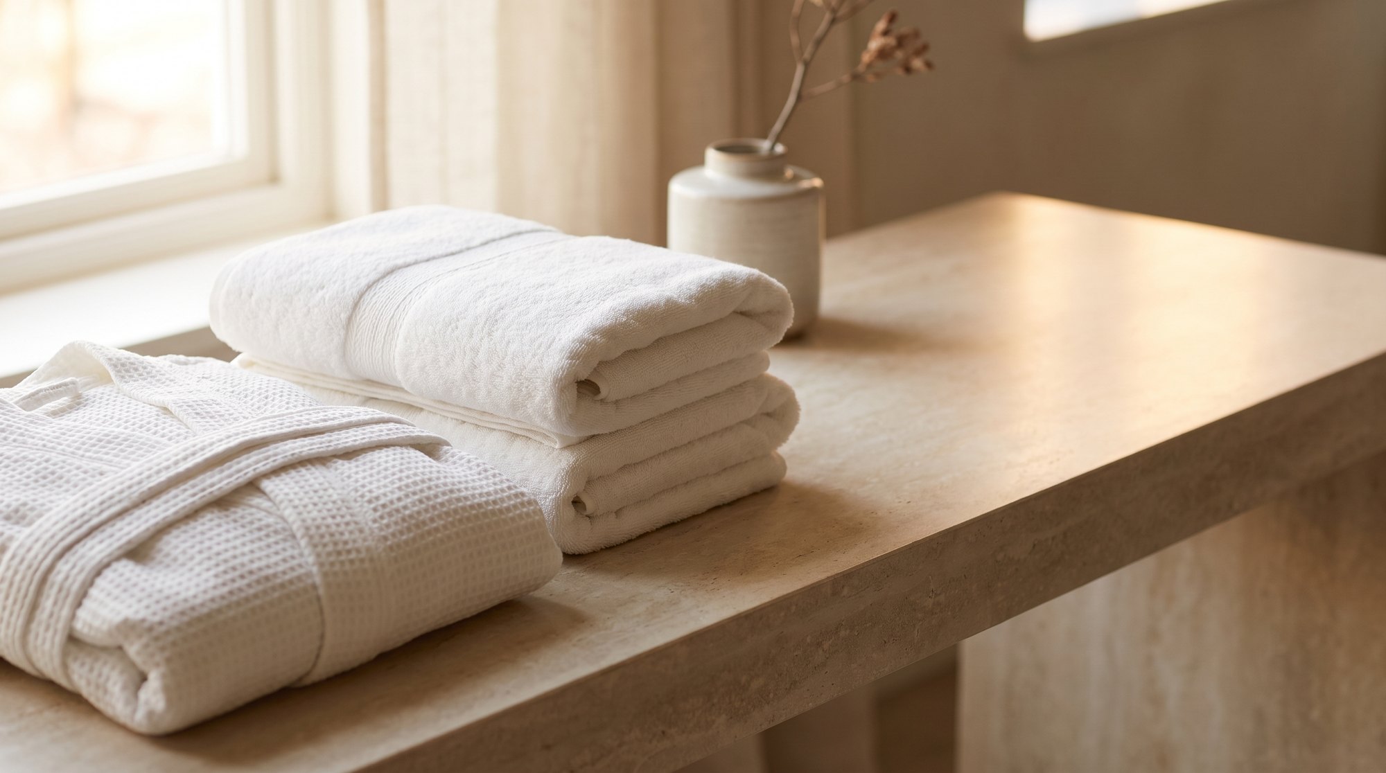 Folded white luxury hotel towels and a bath robe arranged on a stone console in soft daylight