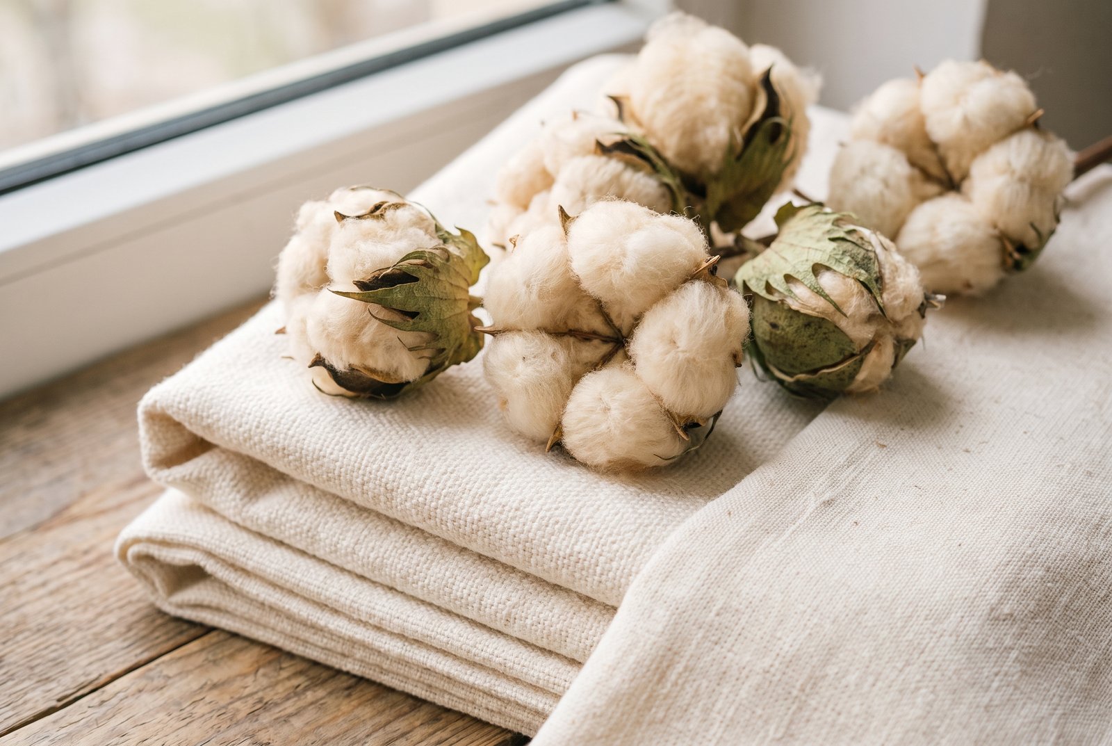 Natural undyed organic cotton and raw cotton bolls resting on folded white textiles in soft daylight